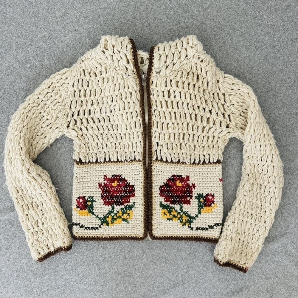 Free People Crochet Sweater Cream Floral Boho Zip Up Jacket Cardigan Hooded Wool - Picture 4 of 8